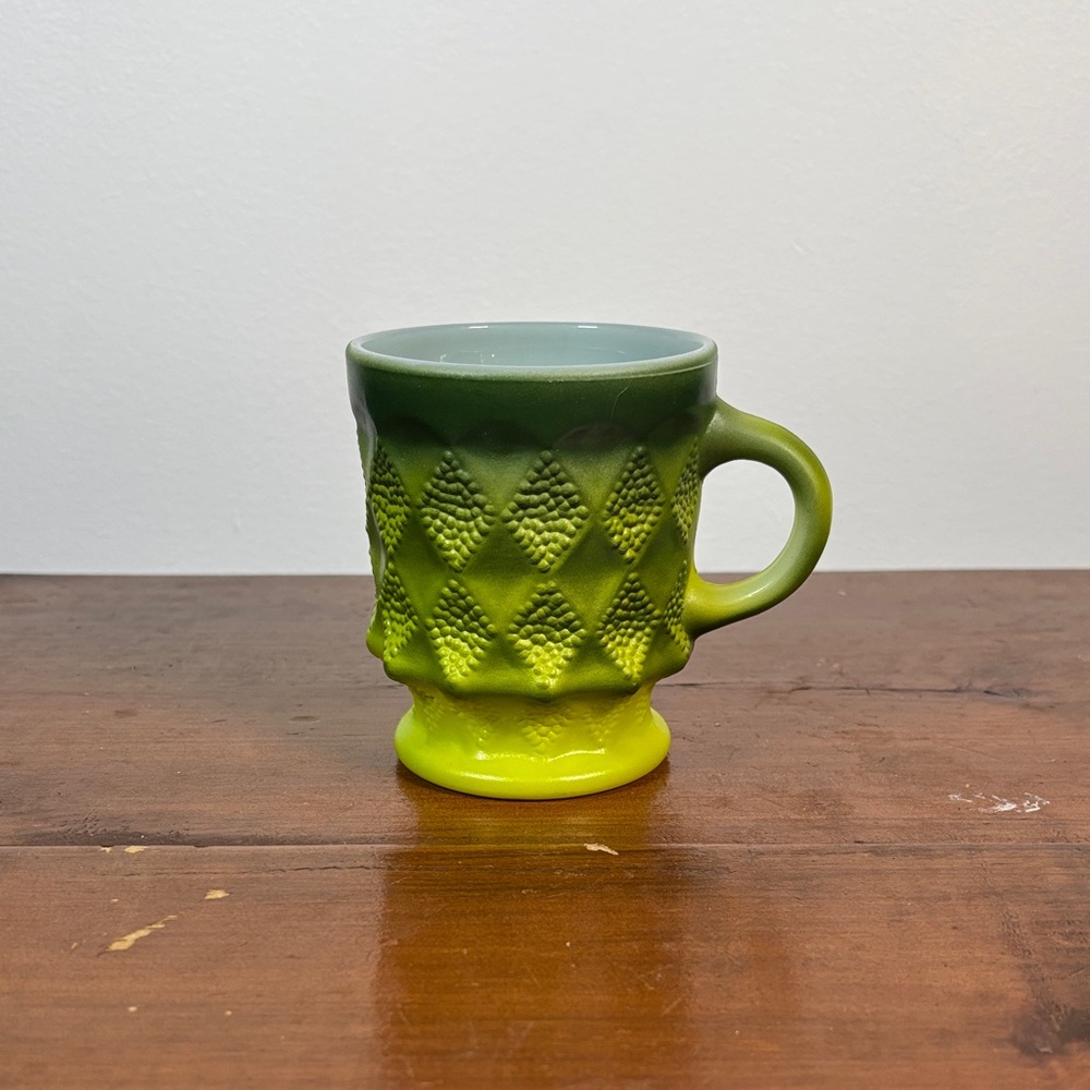 Vintage 60s - 70s Fire King Anchor Hocking Green Textured Milkglass Kimberly Mug